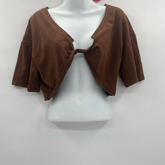 Ladies Brown Casual Tie-Up Crop Top – Size M | Short Sleeve, Stretch, NWOT - Picture 2 of 6